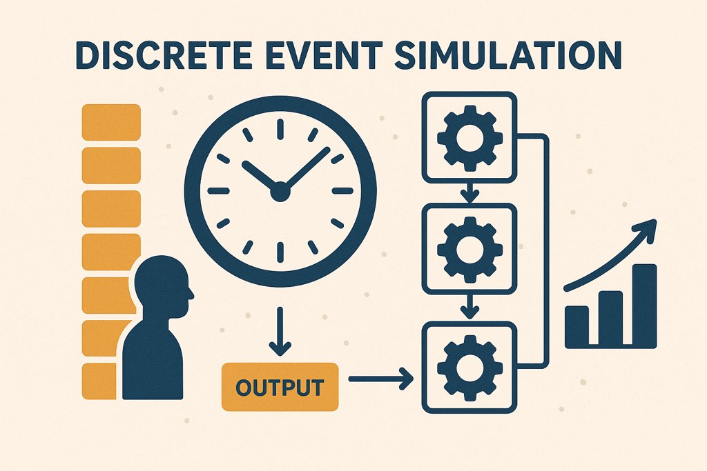 Discrete event simulation: transactions arrive over time, pass through a sequence of process steps, and produce measurable output