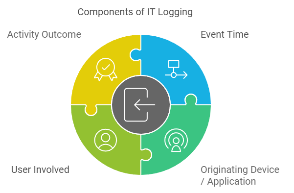 Components of IT logging: activity outcome, event time, user involved, originating device or application